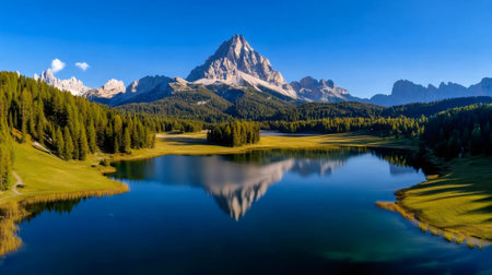 Breathtaking alpine scenery with calm lake reflecting majestic peaks and colorful larch forest in the Dolomitesの素材