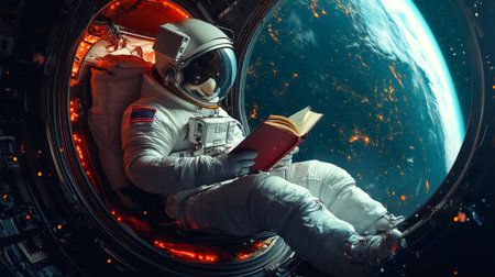 American astronaut reading a book while looking at planet earth through the window of a spacecraftの素材
