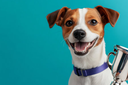 Jack russell terrier dog holding a silver trophy and smiling on turquoise backgroundの素材
