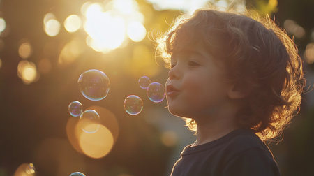 Little child blowing soap bubbles in a park at sunset, enjoying childhoodの素材