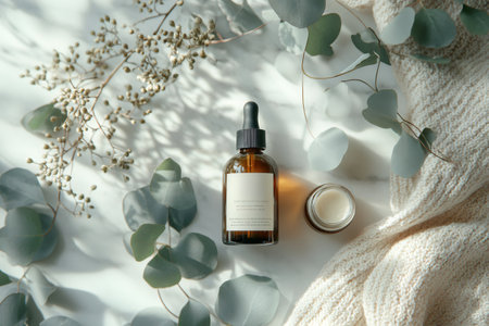 Natural skincare products with eucalyptus leaves and dried flowers creating a calming and organic atmosphereの素材