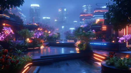 Futuristic urban park at night, featuring glowing neon lights, lush vegetation, and reflective puddles after rainの素材