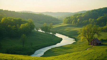 Serene landscape featuring a winding river flowing through rolling green hills, bathed in the warm glow of sunset, with a cozy farmhouse nestled amidst the idyllic sceneryの素材
