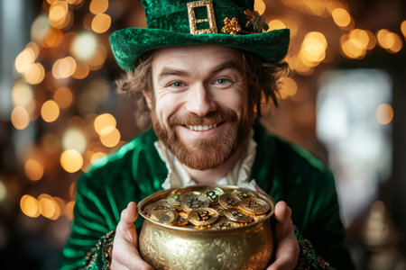 Smiling leprechaun showing pot full of cryptocurrency gold bitcoin coins for st. Patrick's dayの素材
