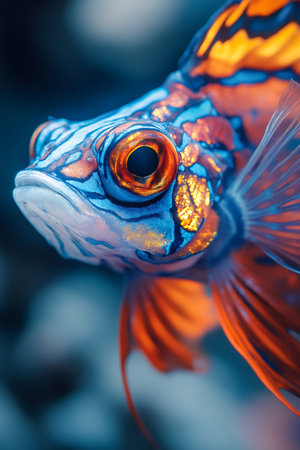 Close up of a colorful mandarin fish swimming underwater, showcasing its intricate patterns and vibrant huesの素材