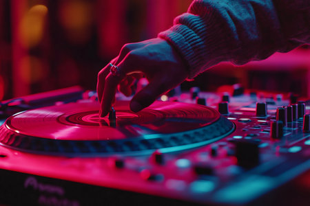 Dj mixing music on turntable at nightclub with pink and blue lightingの素材