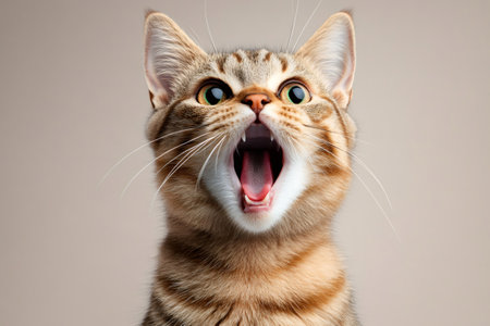 Studio portrait of tabby cat meowing against beige backgroundの素材