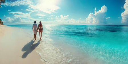 Romantic couple enjoying a leisurely stroll along a pristine beach at sunset, creating a perfect tropical getawayの素材