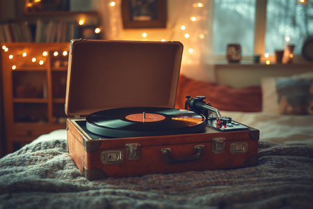 Portable record player playing a vinyl record in a cozy bedroom with warm lighting and winter outside the windowの素材