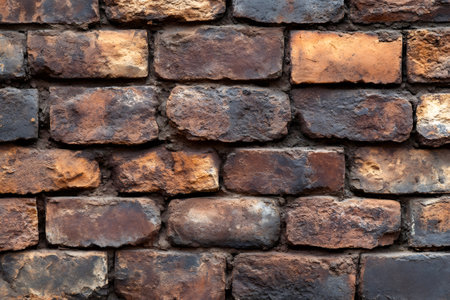 Close up view of an old brick wall displaying various shades of brown and black, creating a textured and rustic backgroundの素材