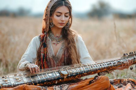 Young woman wearing traditional Indian clothing playing swarmandal zither in a field at sunsetの素材
