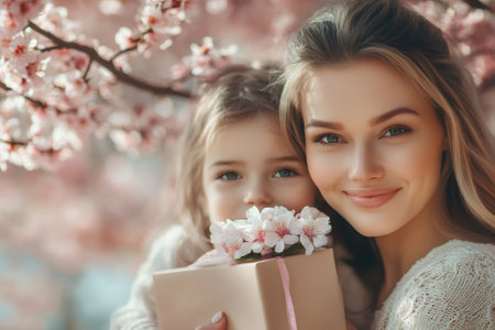Daughter giving gift and flowers to her mother for mother's day under blooming cherry treeの素材