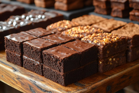 Freshly baked chocolate brownies, some with nuts, arranged on a wooden table, ready to be enjoyedの素材