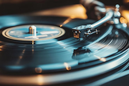 Close up of a record player needle reading a spinning vinyl record, evoking nostalgia and the warm sound of analog musicの素材