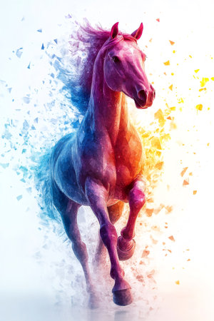 Polygonal horse running with colorful design and shattering effect, creating a dynamic and vibrant sceneの素材