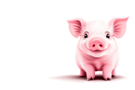 Adorable pink piglet smiling, creating a heartwarming farm animal illustration on a white backgroundの素材