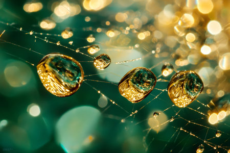 Sparkling golden water drops clinging to a spider web, reflecting warm light against a teal backgroundの素材