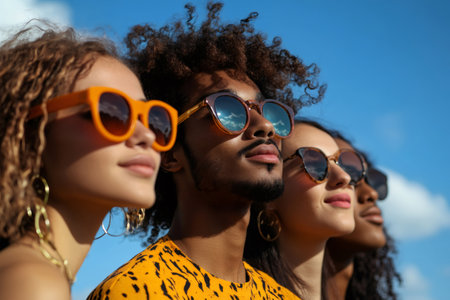 Group of diverse friends wearing sunglasses and looking up at a bright blue skyの素材