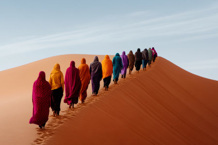 Group of Berber women walking up a dune in the Sahara desertの素材