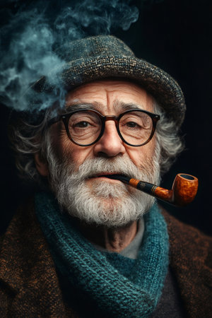Portrait of stylish senior man smoking pipe, wearing glasses and hatの素材