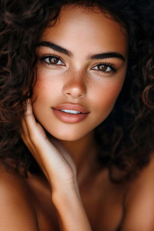 Portrait of a beautiful young Latin woman with curly hair, freckles and brown eyes, gently touching her faceの素材
