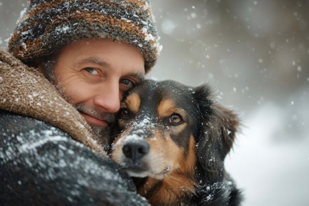 Man and his furry friend enjoying a snowy day, finding warmth and companionship amidst the winter wonderlandの素材