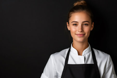 Young woman chef with confident expression, wearing uniform and apron, against a dark background, ready to take on any culinary challengeの素材