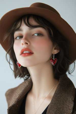 Stylish woman with brown hat and red heart earrings posing in a fashion studio settingの素材