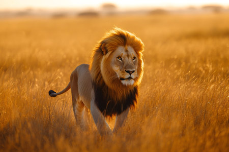Male lion with a beautiful mane walking in the tall grass of the African savanna at sunsetの素材