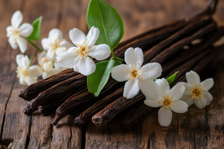 Aromatic vanilla pods and delicate white flowers create a captivating scene on a weathered wooden surfaceの素材
