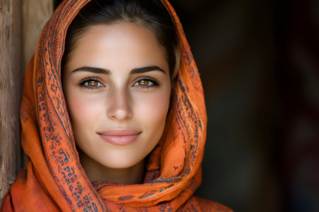 Portrait of a beautiful young woman with freckles and brown eyes, wearing an orange headscarfの素材