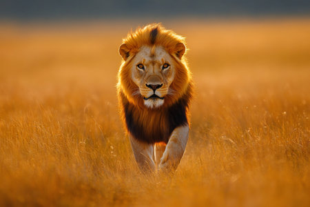 Powerful male lion with a dark mane walking through tall golden grass in the African savanna at sunsetの素材