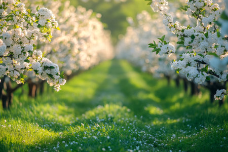 Scenic view of a blooming apple orchard with lush green grass bathed in golden sunlight, creating a serene and idyllic springtime sceneの素材