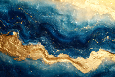 Gold paint mixing with blue creating a beautiful abstract fluid art resembling an oceanの素材