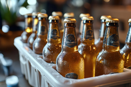 Refreshing beer bottles cooling in a white crate, ready to be enjoyedの素材