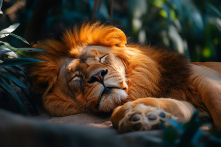 Serene portrait of a male lion resting in its natural environment, enjoying a peaceful slumber amidst the foliageの素材
