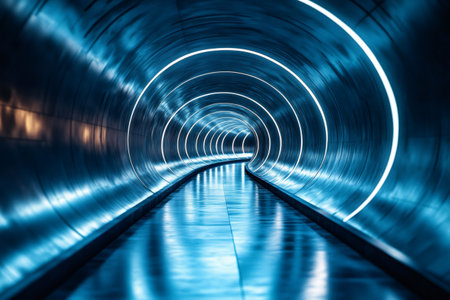 Empty curved tunnel with glowing lights and reflective floor creates a futuristic atmosphereの素材