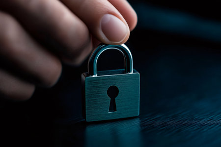 Hand holding a small padlock, symbolizing data protection and securityの素材