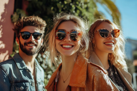 Group of cheerful young friends wearing sunglasses, enjoying a sunny day together outdoorsの素材