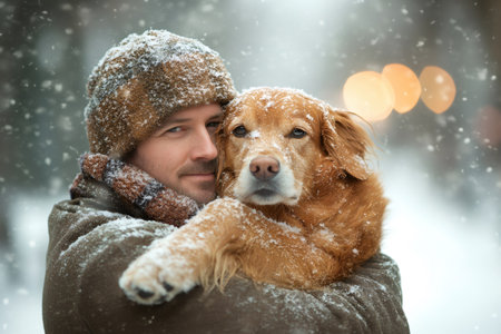 Hunter hugging his golden retriever under a snowfall, enjoying a moment of connection amid a winter wonderlandの素材