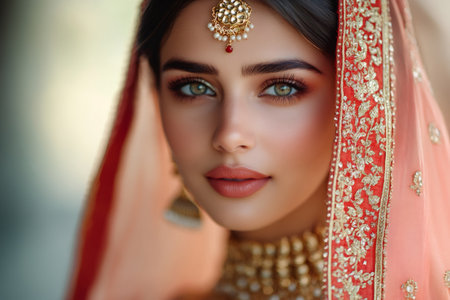 Portrait of a beautiful Indian bride wearing traditional red clothes, jewelry, and makeupの素材