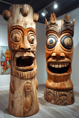Two large wooden totem poles with carved faces and open mouths are displayed in an art gallery or museumの素材