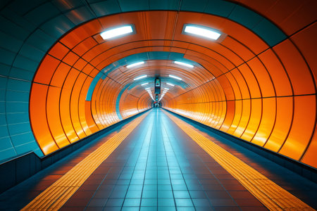 Modern pedestrian tunnel with orange and teal walls and tactile pavingの素材