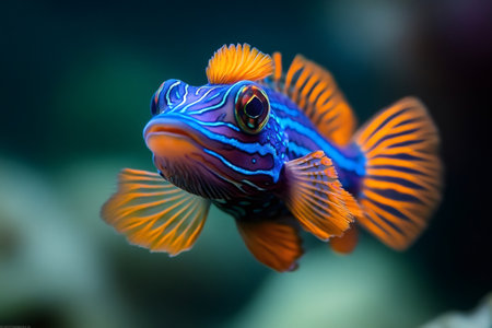 Colorful mandarin fish swimming underwater, displaying its vibrant orange and blue stripesの素材