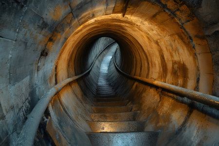 Stone steps descending into a circular tunnel with handrails, creating a sense of mystery and depthの素材