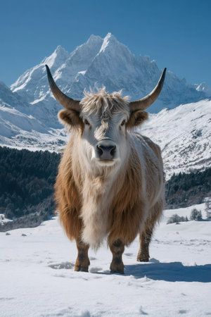 Long haired highland cow standing in snowy field with imposing mountain peak in background, showcasing resilience in winter landscapeの素材