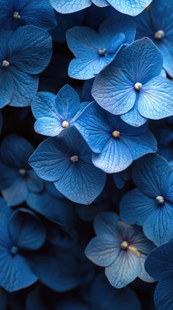 Close up of blue hydrangea flowers creating a stunning natural backgroundの素材