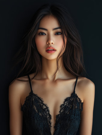 Studio portrait of a captivating young Asian woman with long dark hair, wearing elegant black lingerie, exuding confidence and allure against a dark backdropの素材