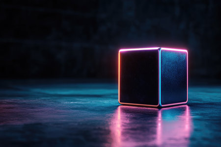 Neon cube emanating vibrant light, creating a captivating scene in a dark room with a reflective surfaceの素材