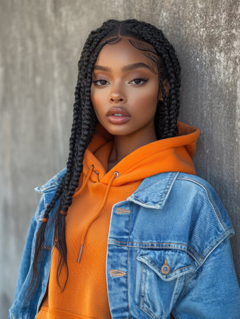 Fashionable young woman wearing orange hoodie and denim jacket, showcasing trendy braided hairstyleの素材